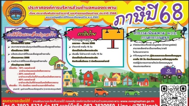 ประชาสัมพันธ์ข้อมูลการเก็บภาษีอากรขององค์การบริหารส่วนตำบลหนองตะพานประจำปี2568 อย่าลืมมาชำระภาษีกันนะคะเพื่อนำมาพัฒนาตำบลหนองตะพานให้น่าอยู่ขอบคุณค่ะ