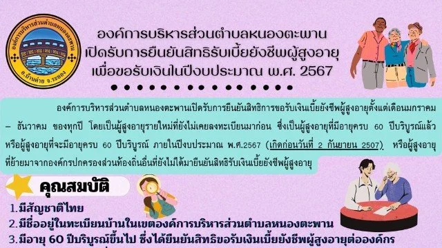 ข่าวประชาสัมพันธ์การยืนยันสิทธิ เพื่อขอรับเงินเบี้ยยังชีพผู้สูงอายุองค์การบริหารส่วนตำบลหนองตะพาน